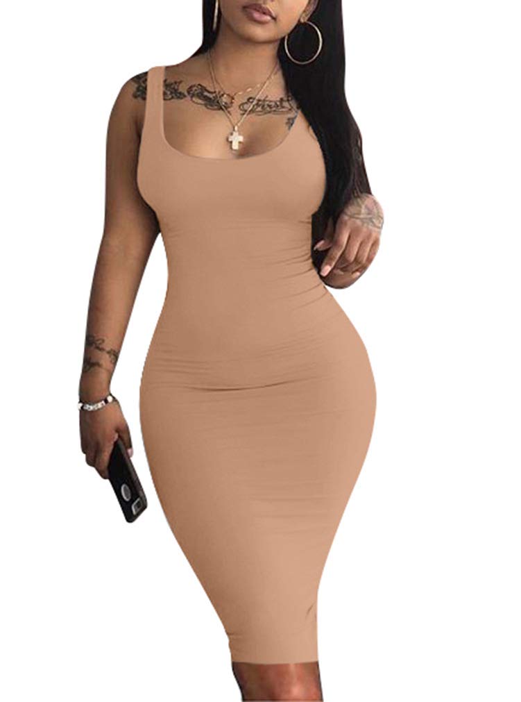 LAGSHIAN Women's Sexy Bodycon Tank Dress Sleeveless Basic Midi Club Dresses Camel - Image 1